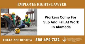 Workers Comp For Slip And Fall At Work In Alameda attorney sue liability lawyer compensation incident - California Labor Law Employment Attorneys Group Construction workers in safety gear assist an injured man on a construction site; banner reads'Workers Comp For Slip And Fall At Work In Alameda'.